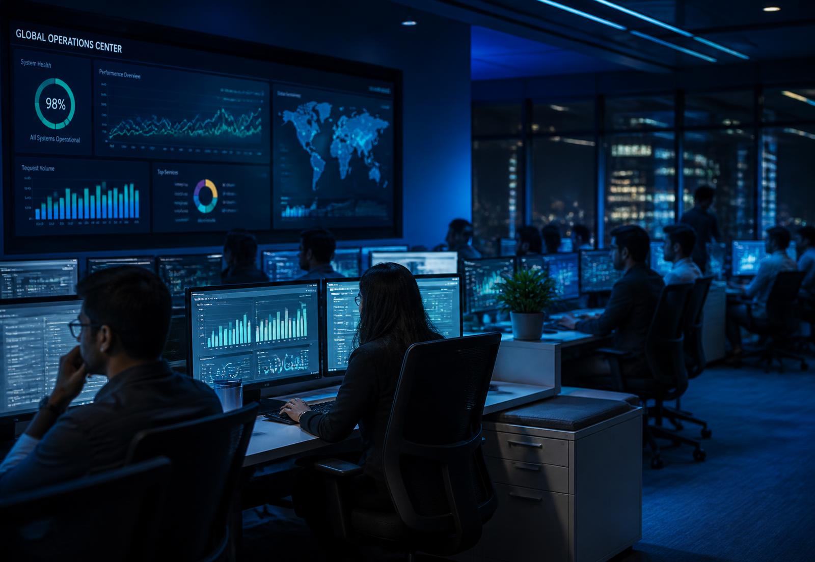 Global capability center operations floor with live performance dashboards